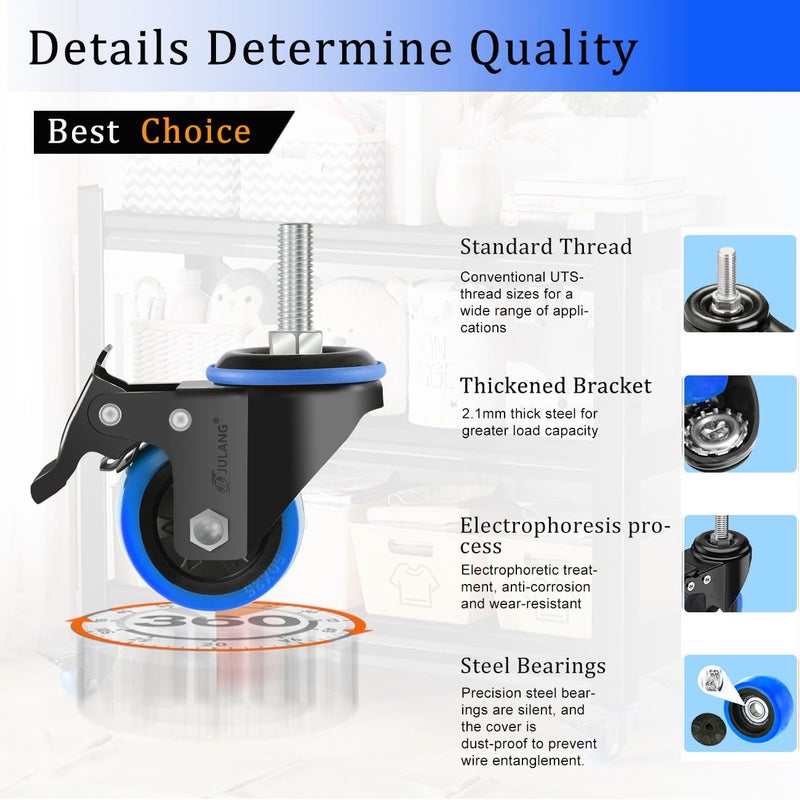Julang 2 in Caster Wheels 3/8 Threaded Stem, Stem Mount (UNC 3/8" -16 x 1), Locking Casters Set of 4, Load Capacity 580 lbs, Swivel Casters for Wire Shelving, Tool Carts, Workbenches.（Blue） - Image 4